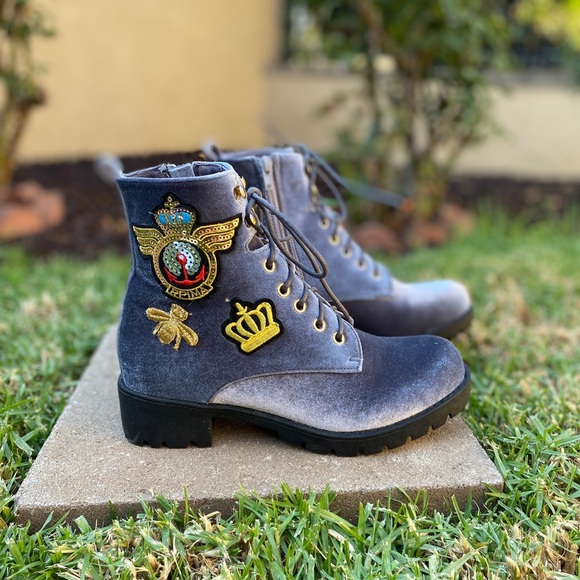 Grey Velvet Patch Lace Up Combat Boots - Picture 4 of 4